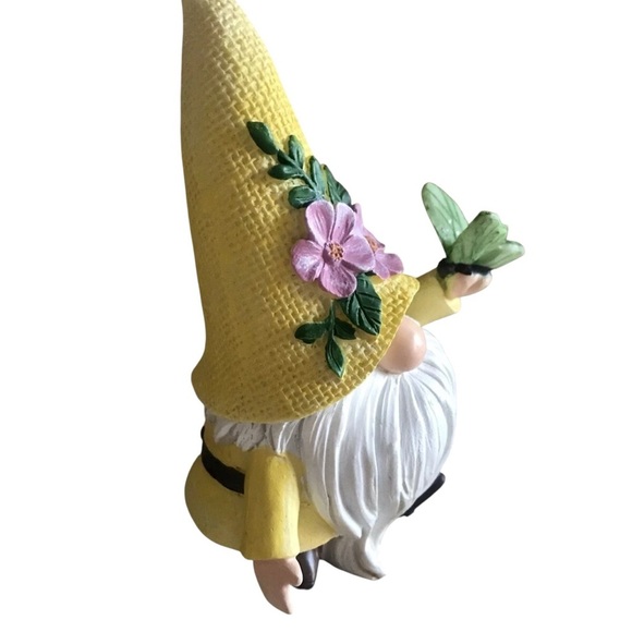 Whimsical Gnome Statue Yellow Hat Pink Flowers & Butterfly Resin 5" In /Outdoor - Picture 2 of 6